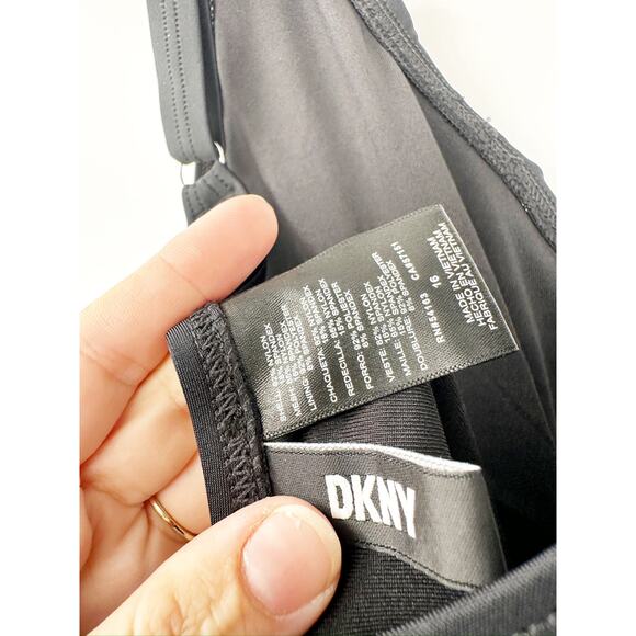 DKNY Solid Black Ruffle Plunge V-Neck One Piece Swimsuit Size 16 NWT - Picture 4 of 7